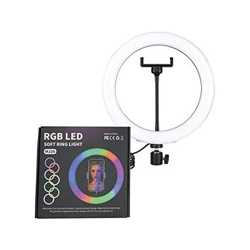RGB LED kruhové selfie světlo se stativem a držákem na mobilní telefon MJ26, 26cm